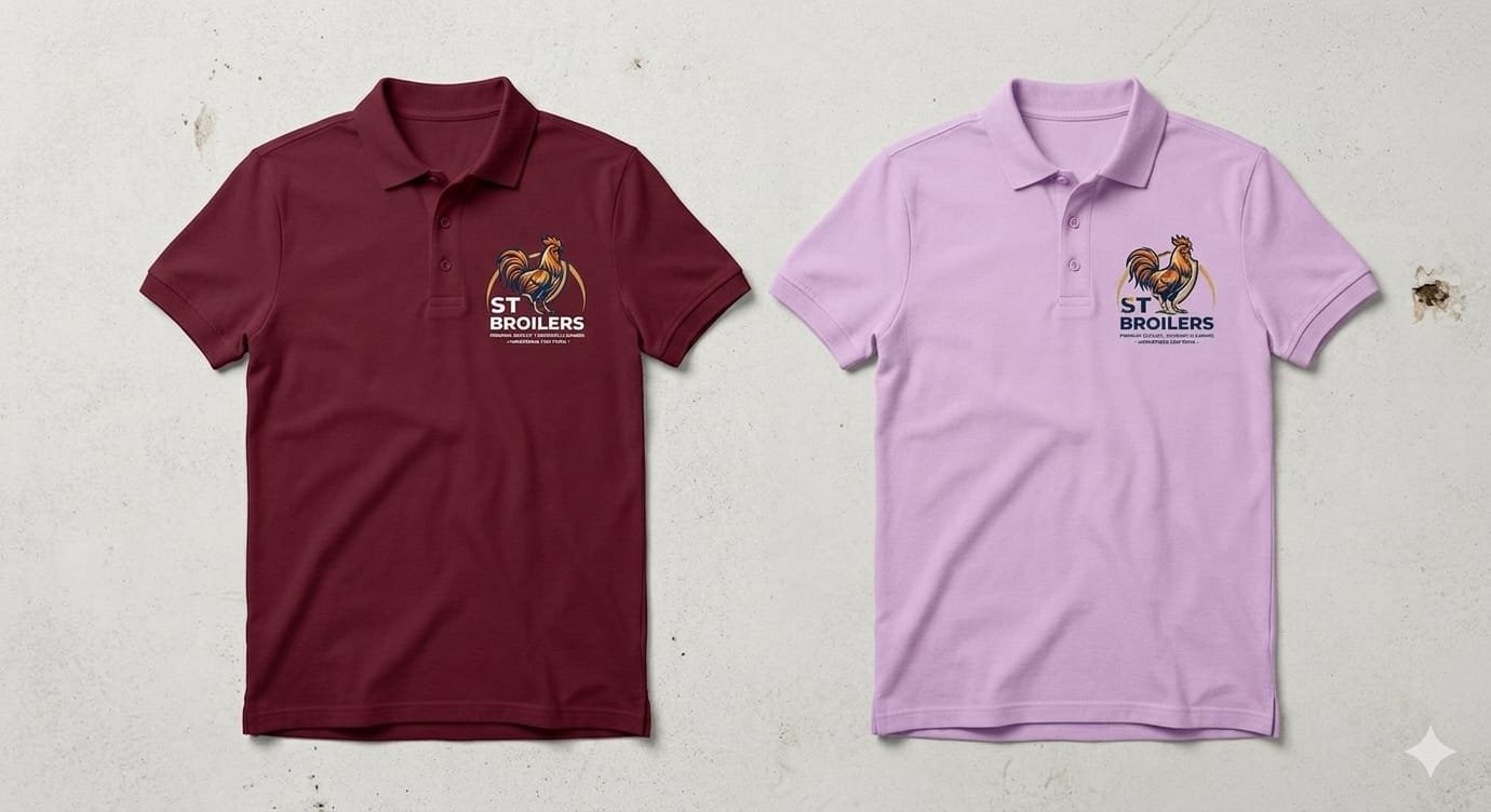 ST Broilers branded polo shirts in maroon and lilac