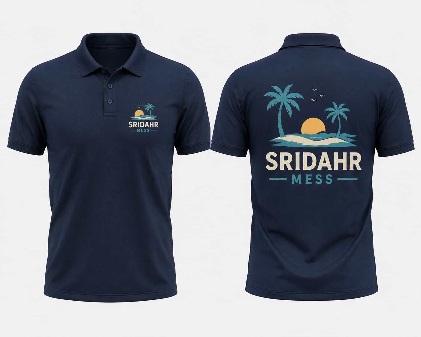 Sridahr Mess branded navy polo shirt with beach graphic