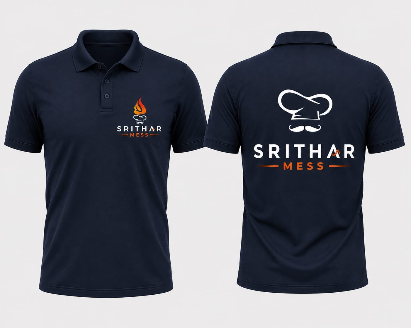 Srithar Mess branded navy polo shirt with chef hat logo